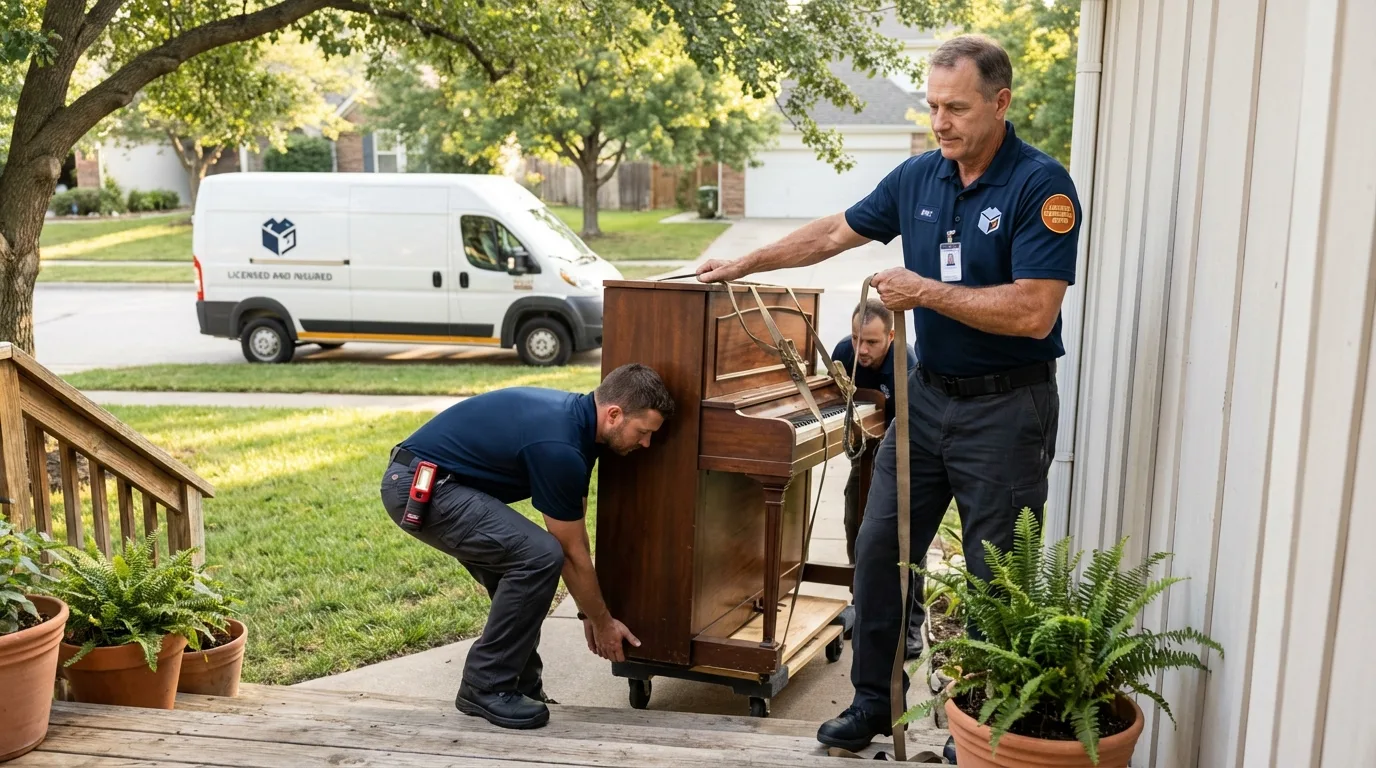 Licensed piano movers securing grand piano in Lebanon, MO