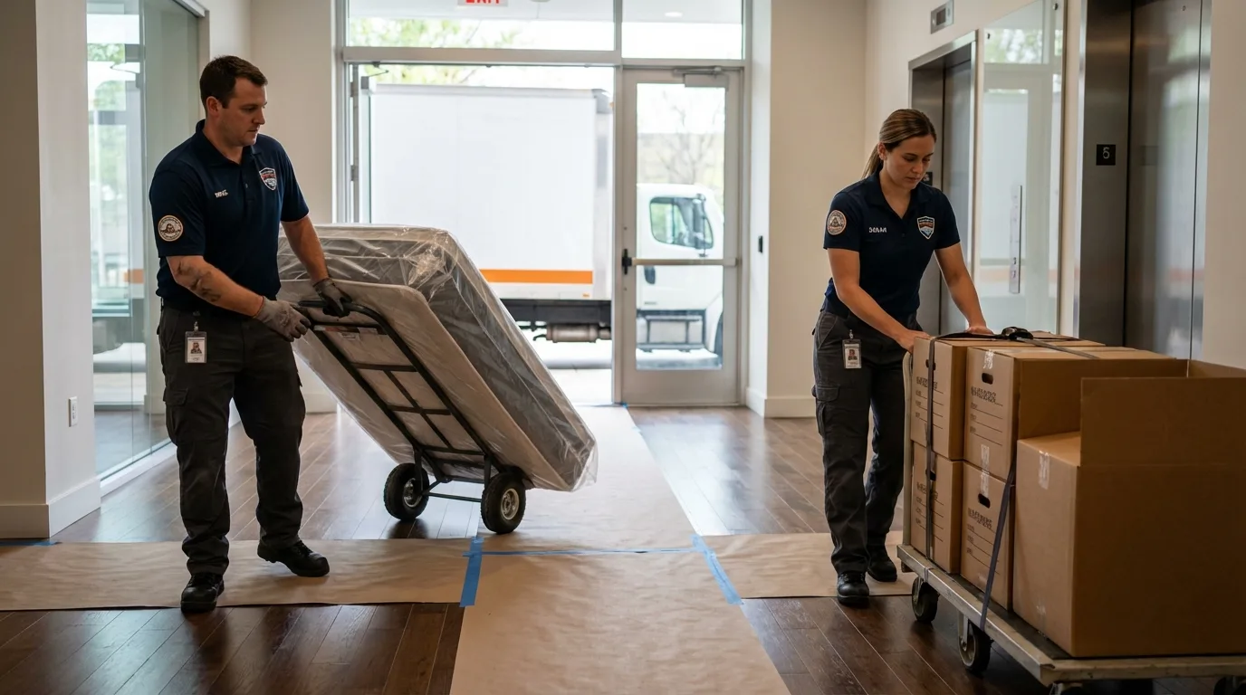 Professional apartment movers loading elevator in Lebanon, MO
